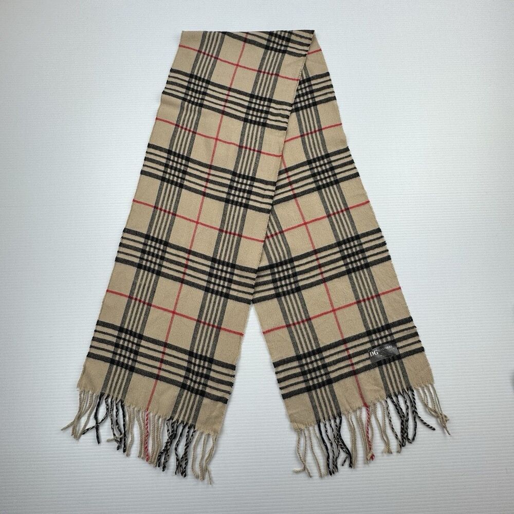 DG Cashmere Plaid Scarf Beige Check Fringe Soft Acrylic Classic Luxury Heritage - Picture 1 of 7